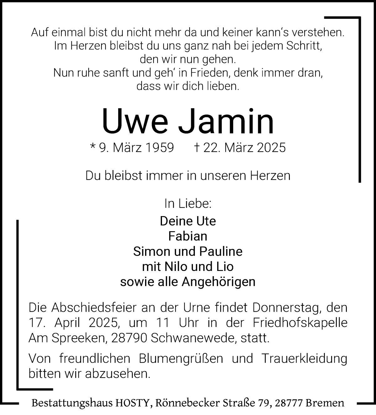 Traueranzeige von Uwe Jamin von WESER-KURIER