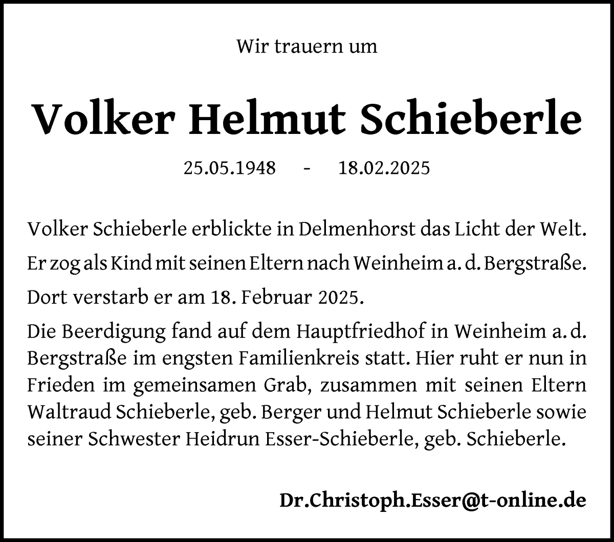 Traueranzeige von Volker Helmut Schieberle von Regionale Rundschau/Syker Kurier