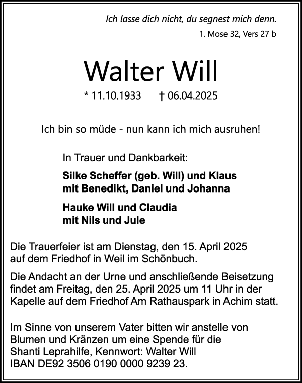 Traueranzeige von Walter Will von Achimer Kurier/Verdener Nachrichten