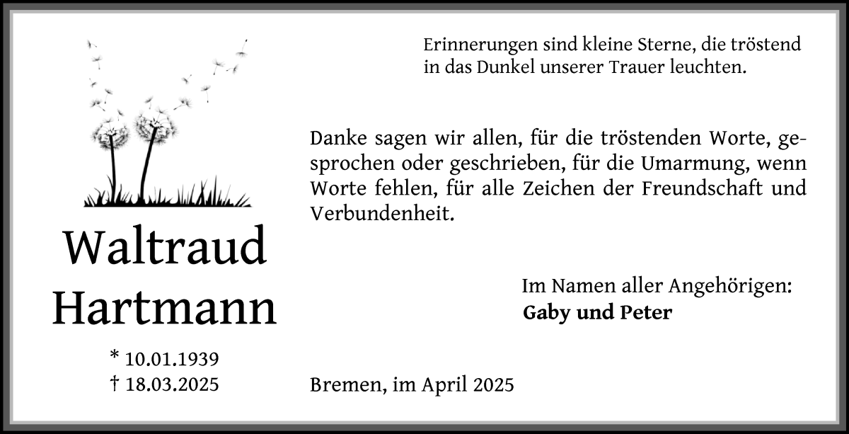 Traueranzeige von Waltraud Hartmann von Die Norddeutsche