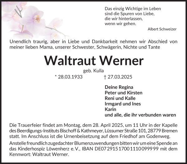 Traueranzeige von Waltraut Werner von Die Norddeutsche