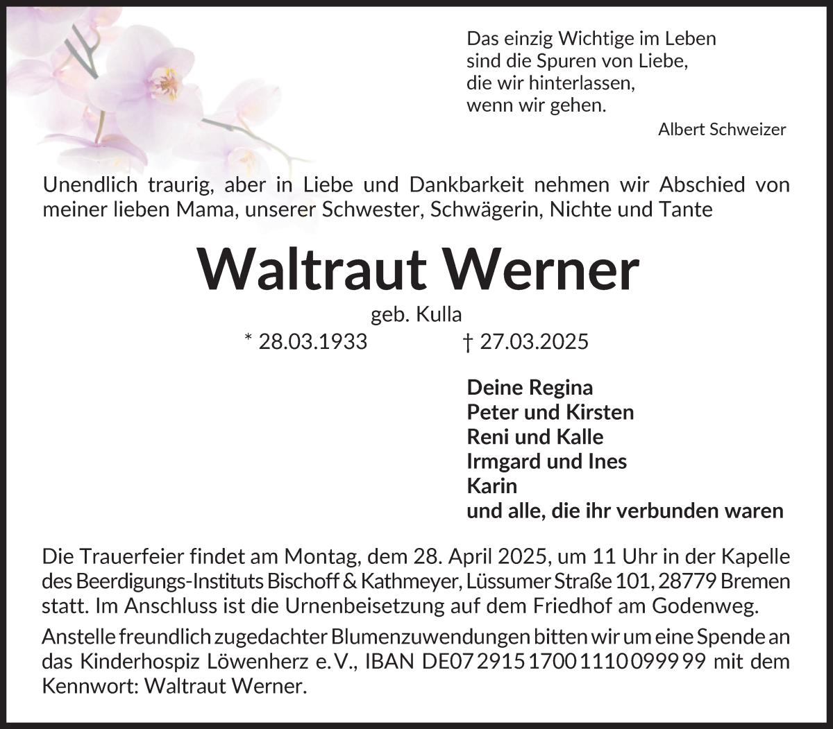 Traueranzeige von Waltraut Werner von Die Norddeutsche