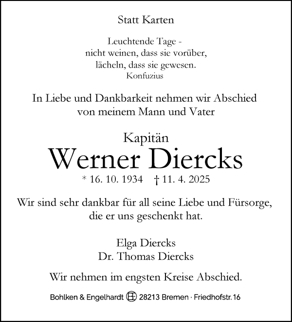 Traueranzeige von Werner Diercks von WESER-KURIER