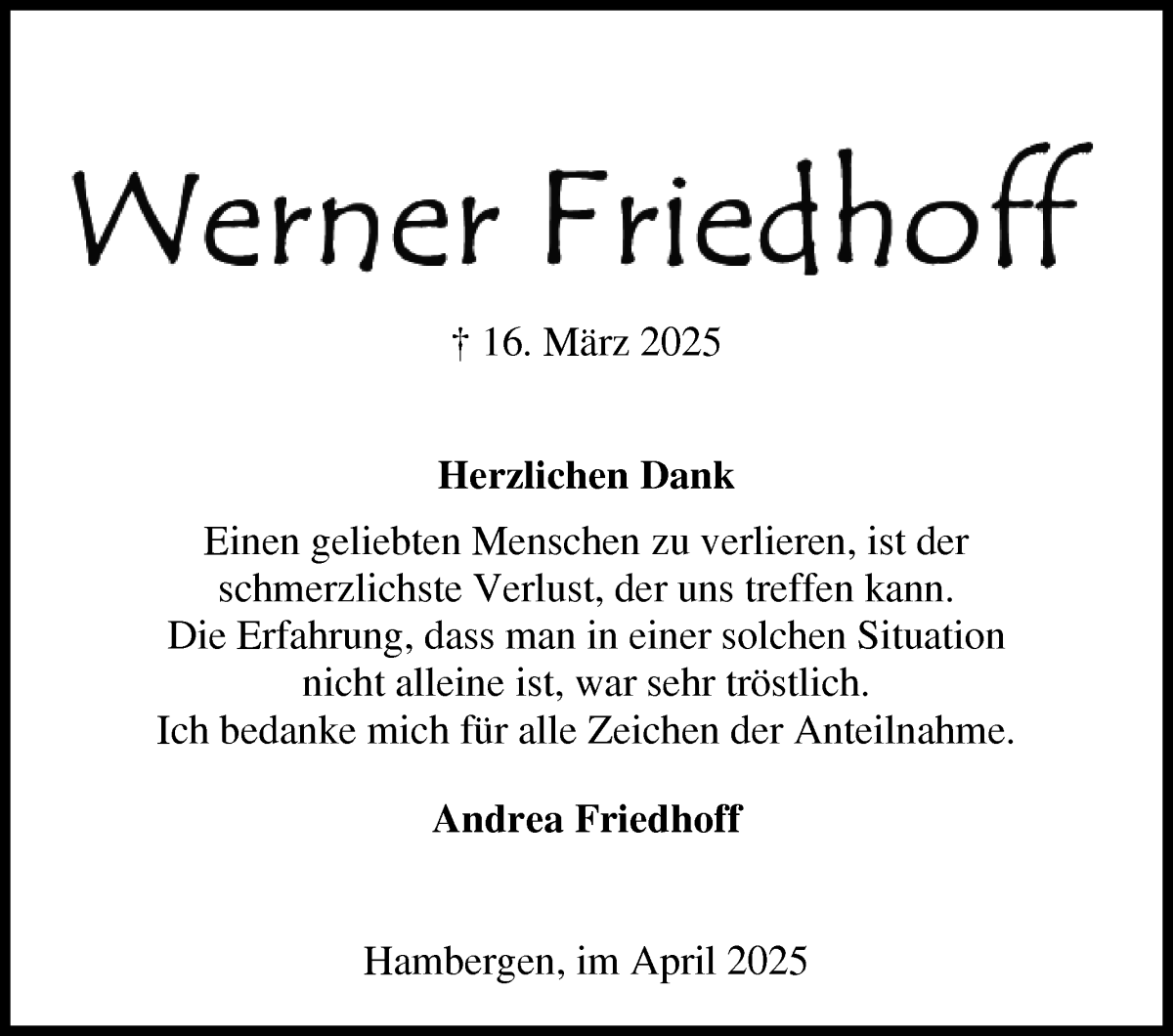Traueranzeige von Werner Friedhoff von Osterholzer Kreisblatt