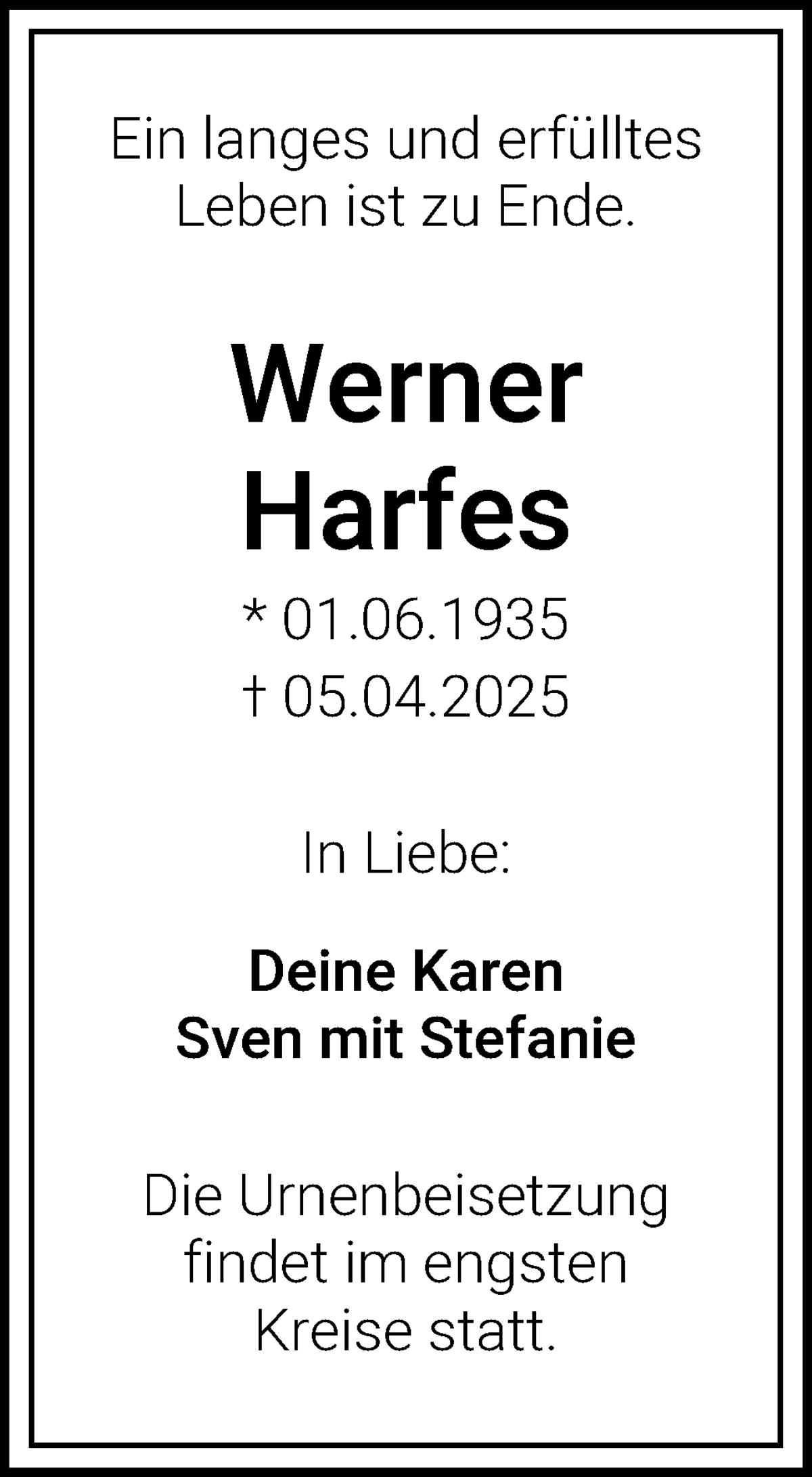 Traueranzeige von Werner Harfes von WESER-KURIER