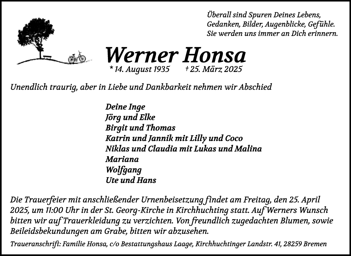 Traueranzeige von Werner Honsa von WESER-KURIER