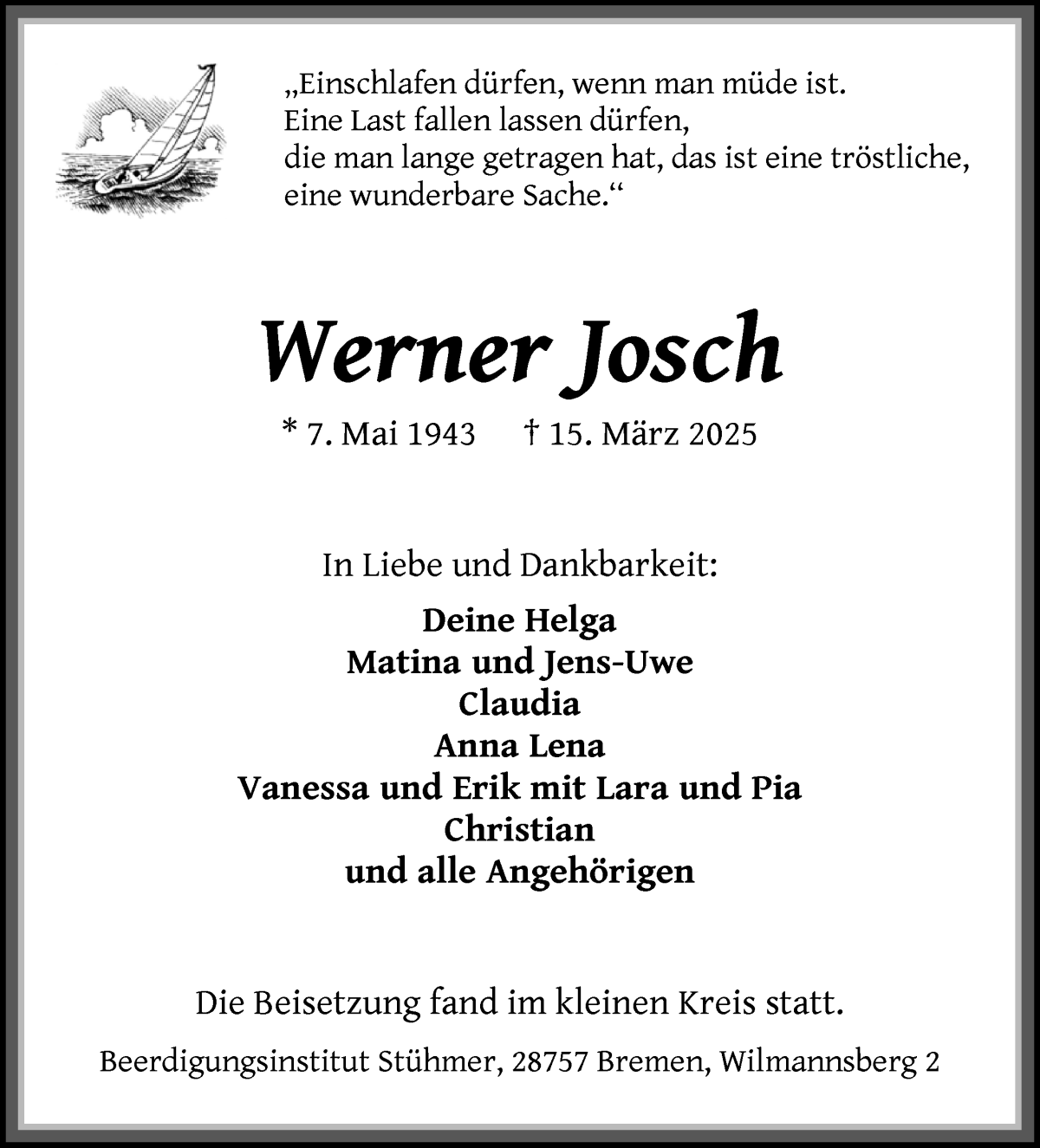 Traueranzeige von Werner Josch von Die Norddeutsche