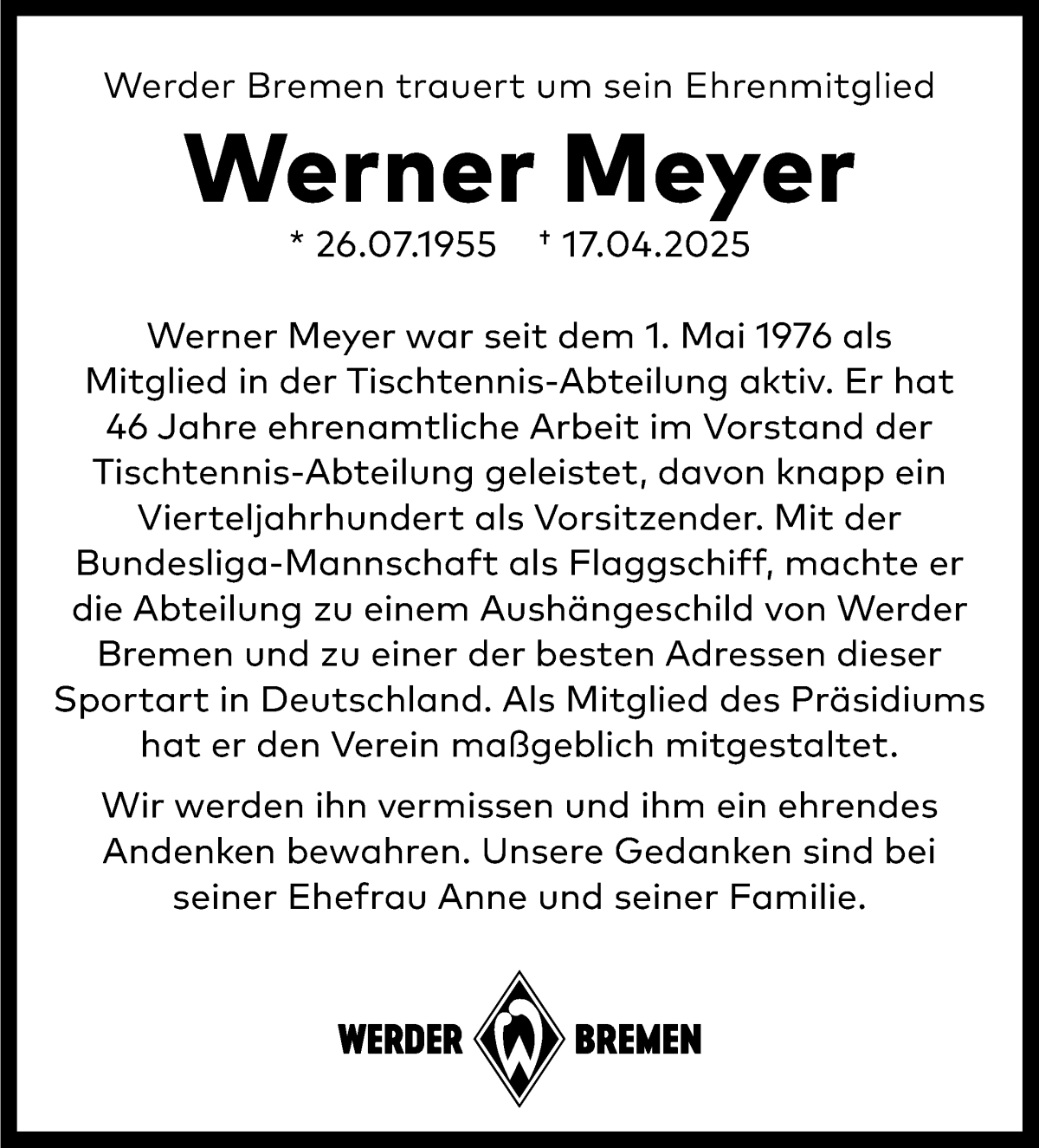 Traueranzeige von Werner Meyer von WESER-KURIER