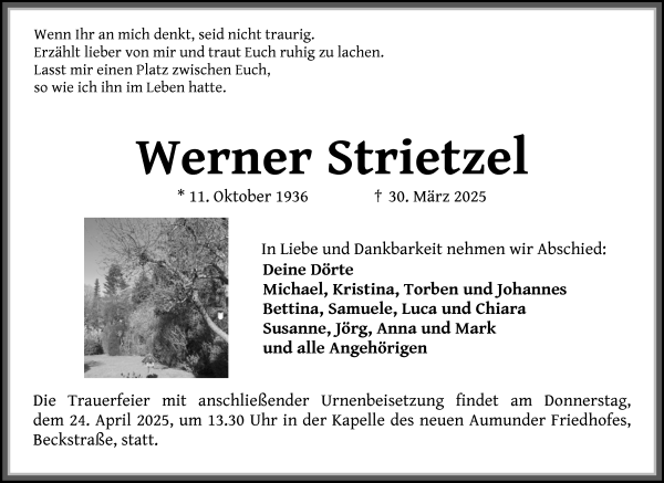 Traueranzeige von Werner Strietzel von Die Norddeutsche