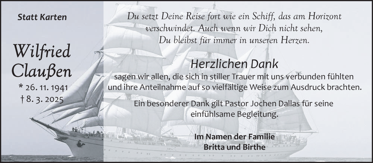 Traueranzeige von Wilfried Claußen von Die Norddeutsche