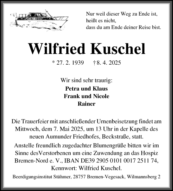 Traueranzeige von Wilfried Kuschel von Die Norddeutsche