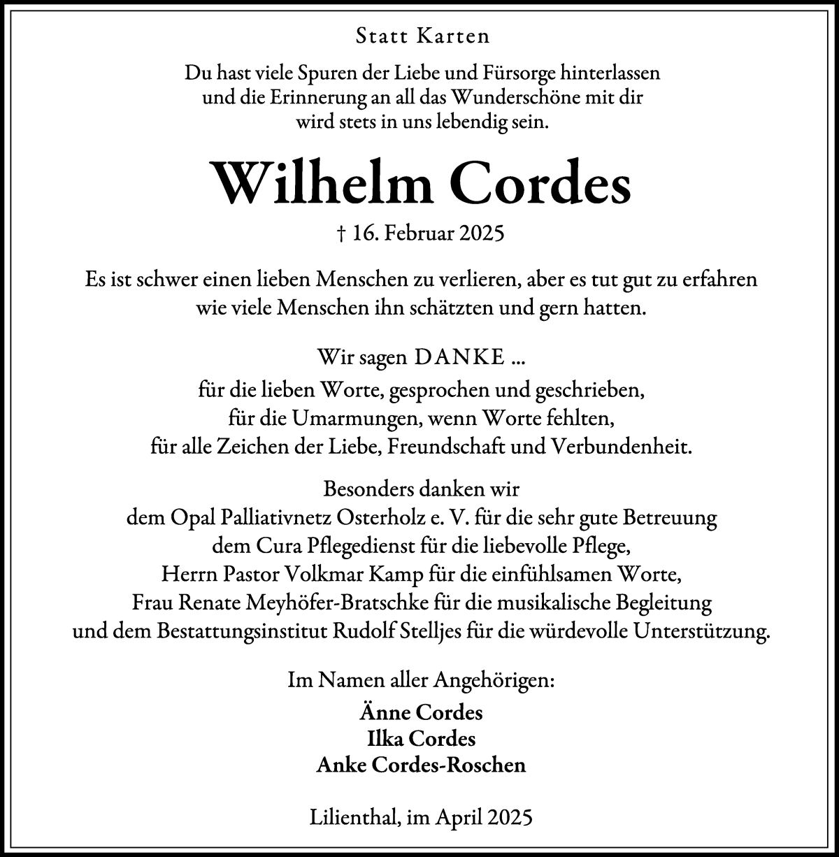 Traueranzeige von Wilhelm Cordes von Wuemme Zeitung