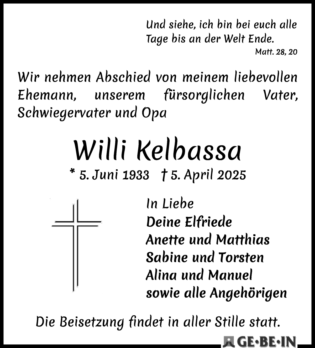 Traueranzeige von Willi Kelbassa von WESER-KURIER