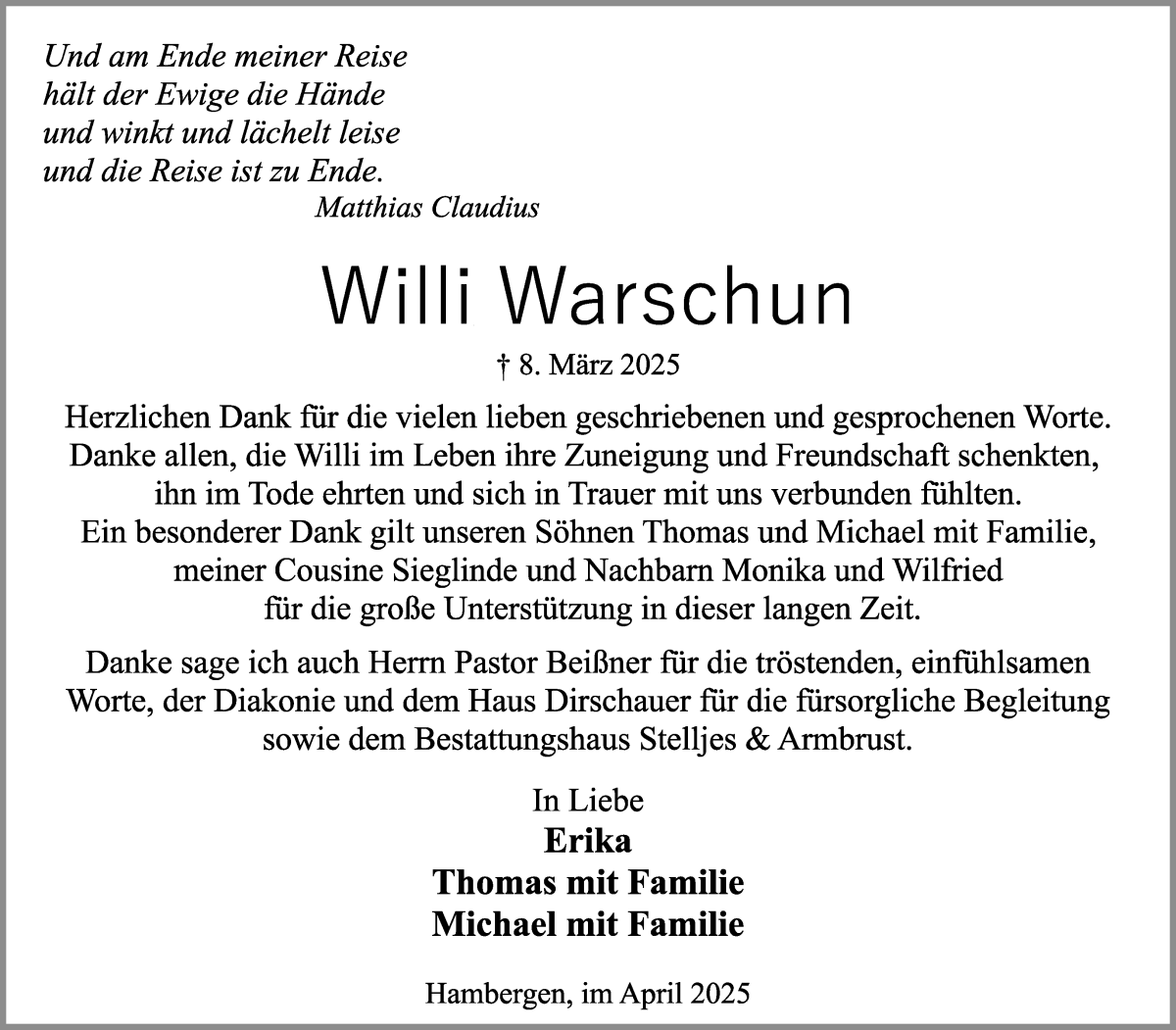 Traueranzeige von Willi Warschun von Osterholzer Kreisblatt