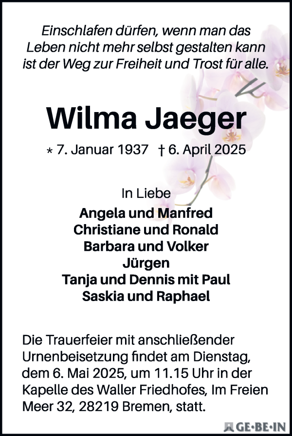 Traueranzeige von Wilma Jaeger von WESER-KURIER