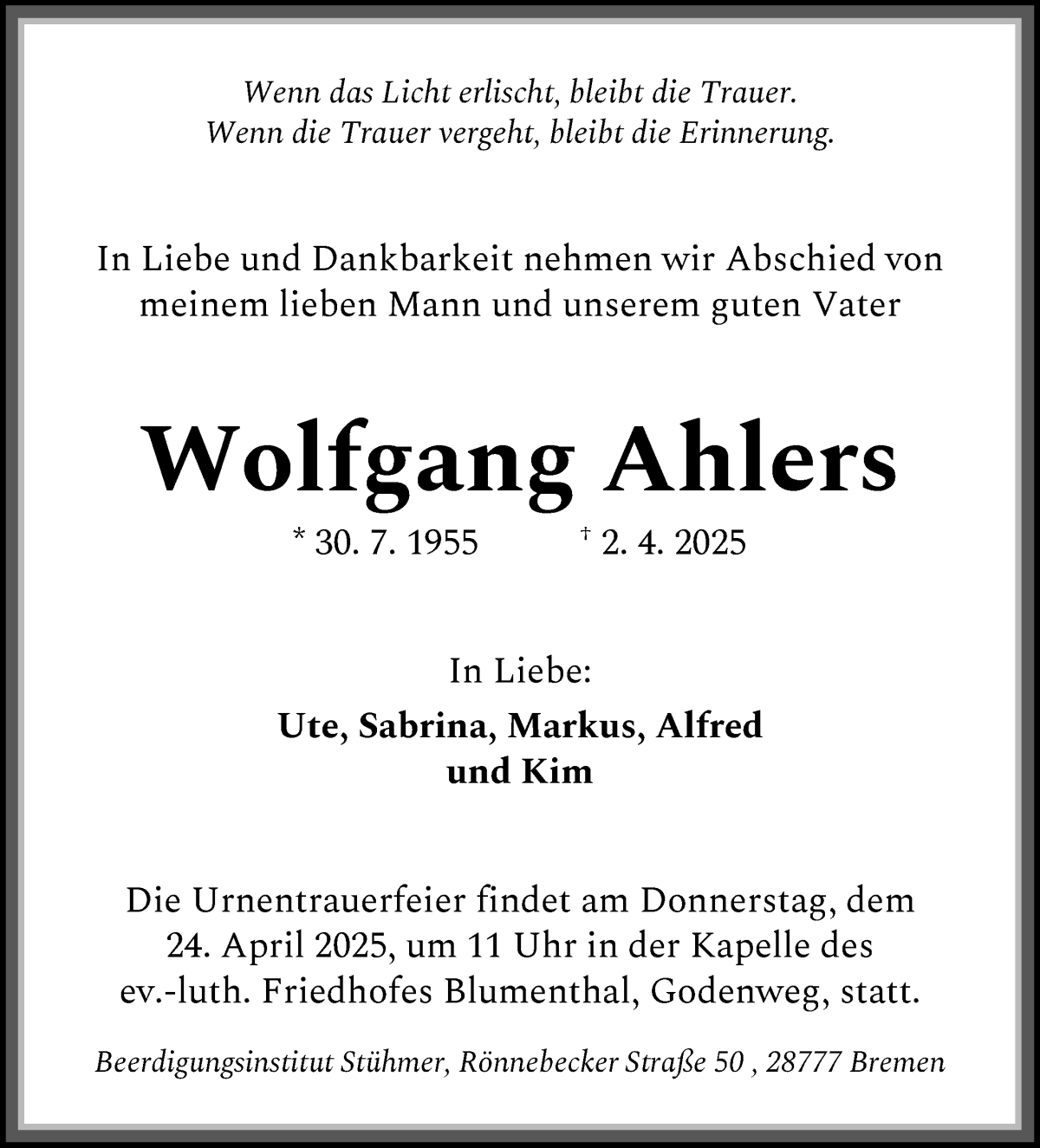 Traueranzeige von Wolfgang Ahlers von Die Norddeutsche