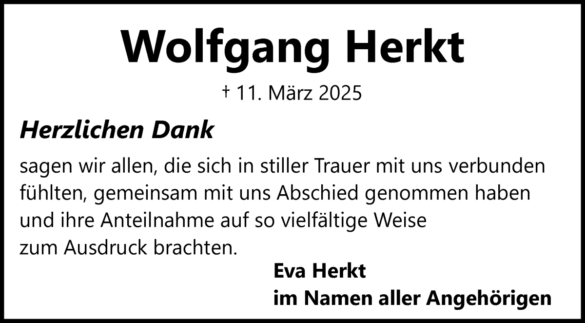 Traueranzeige von Wolfgang Herkt von WESER-KURIER