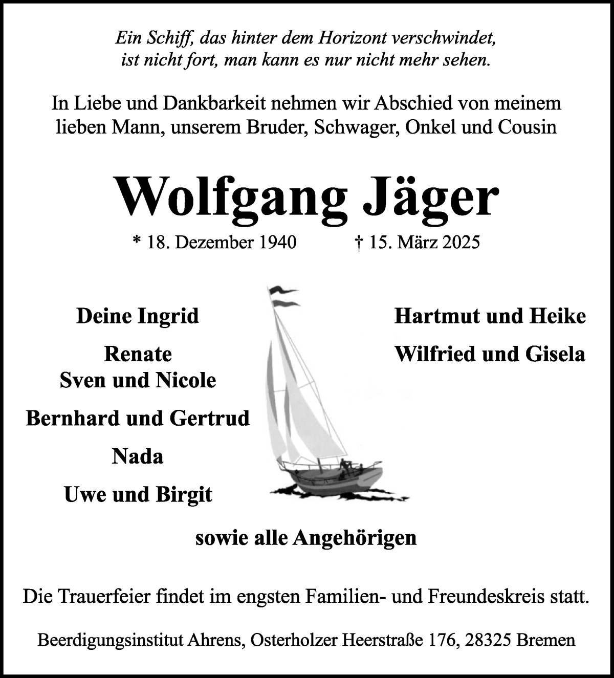 Traueranzeige von Wolfgang Jäger von WESER-KURIER