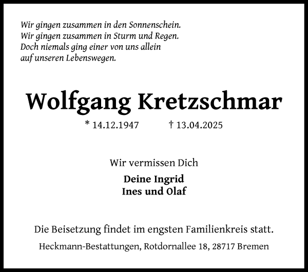 Traueranzeige von Wolfgang Kretzschmar von Die Norddeutsche