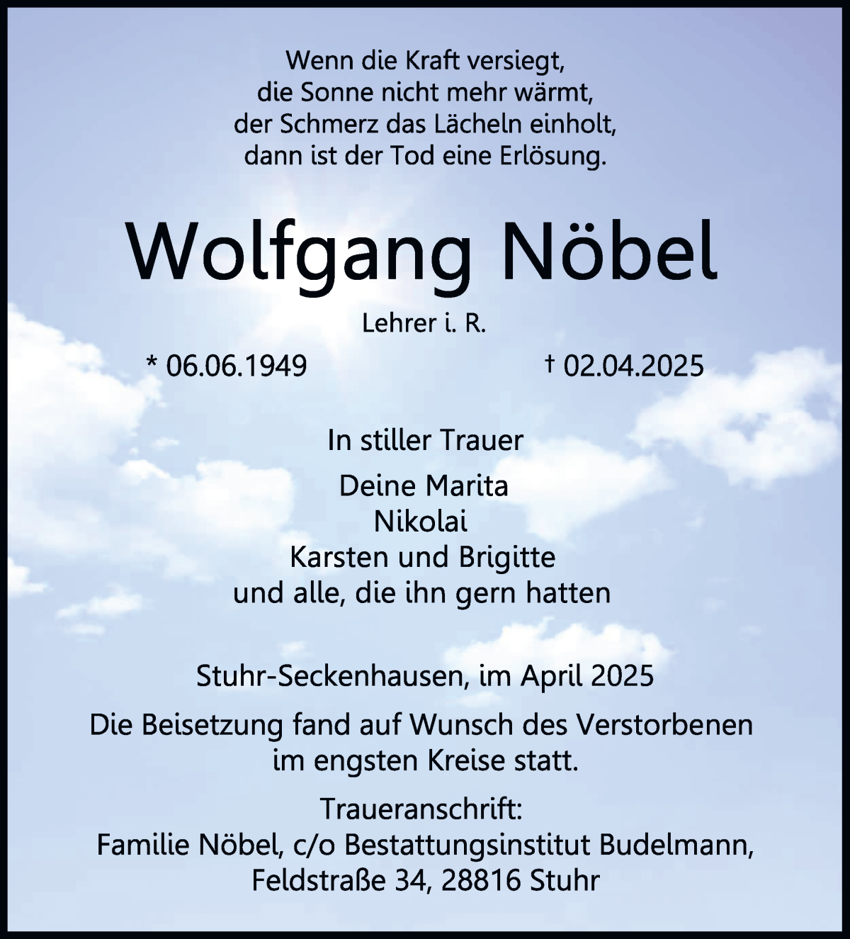 Traueranzeige von Wolfgang Nöbel von Regionale Rundschau/Syker Kurier