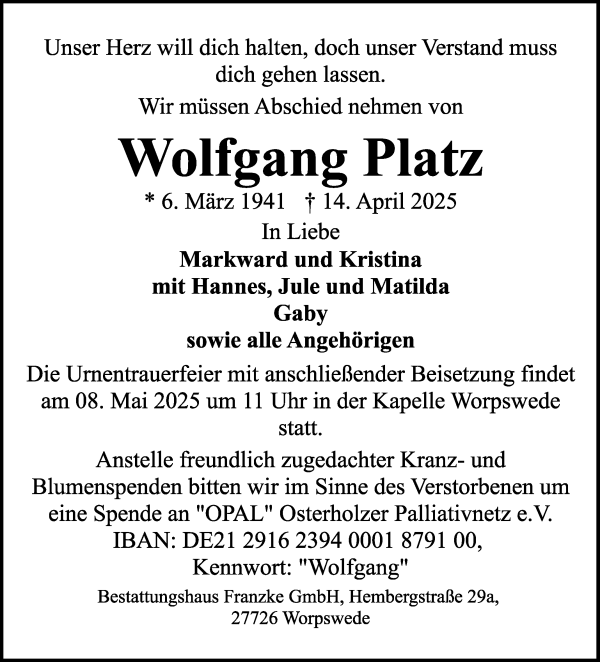 Traueranzeige von Wolfgang Platz von Wuemme Zeitung
