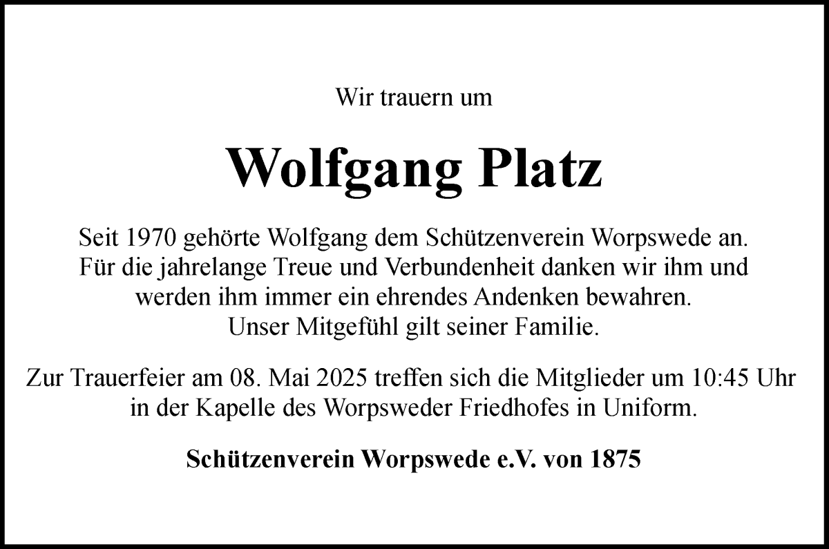 Traueranzeige von Wolfgang Platz von Wuemme Zeitung