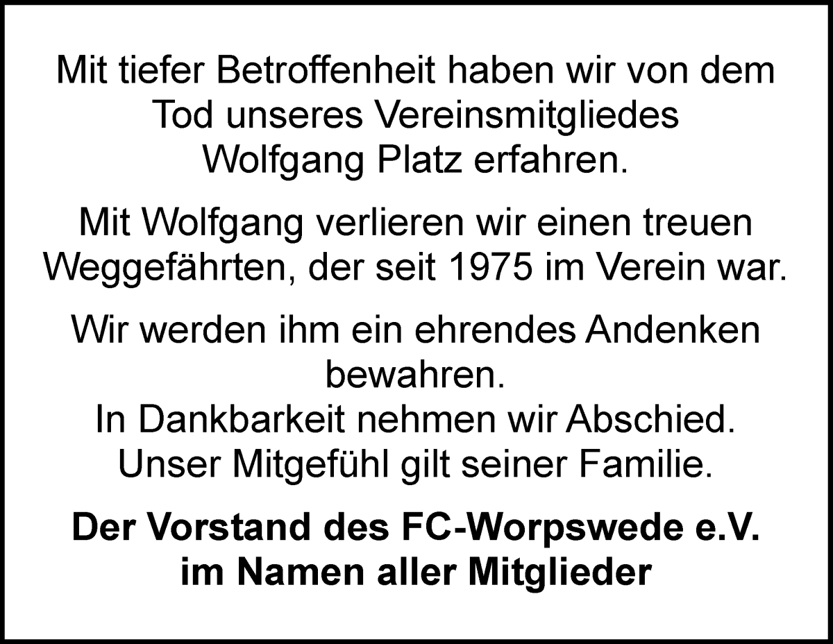 Traueranzeige von Wolfgang Platz von Wuemme Zeitung