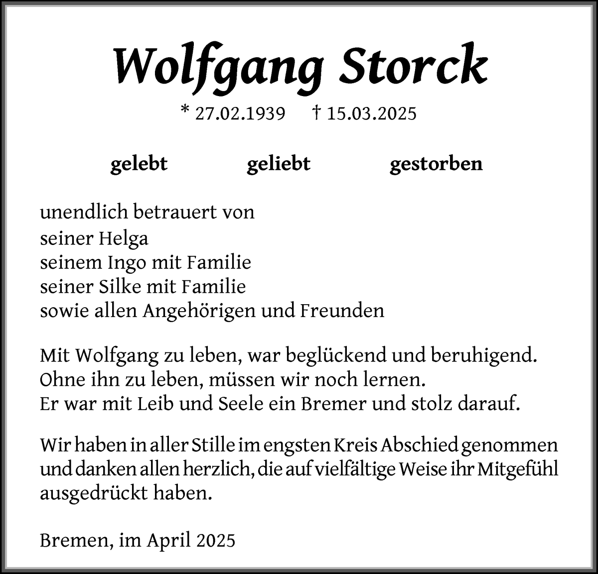 Traueranzeige von Wolfgang Storck von WESER-KURIER