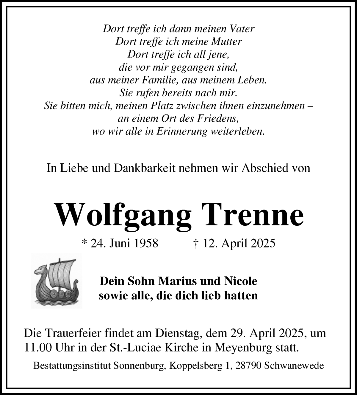 Traueranzeige von Wolfgang Trenne von Die Norddeutsche