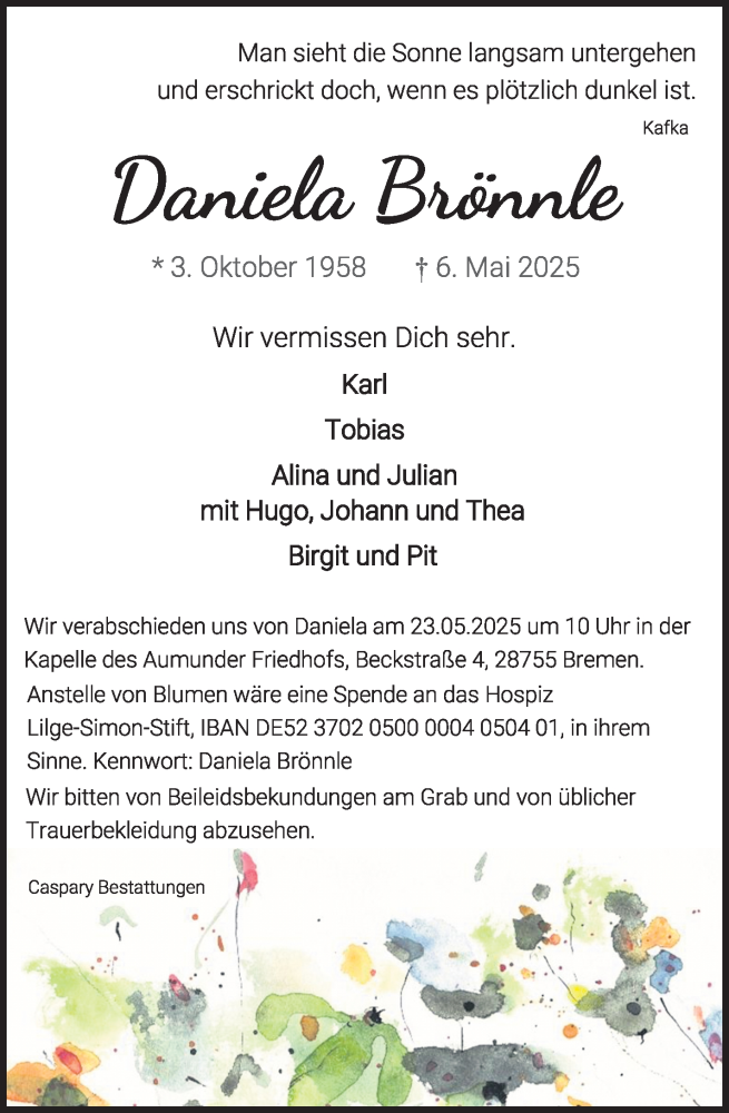 Traueranzeige von Daniela Brönnle 