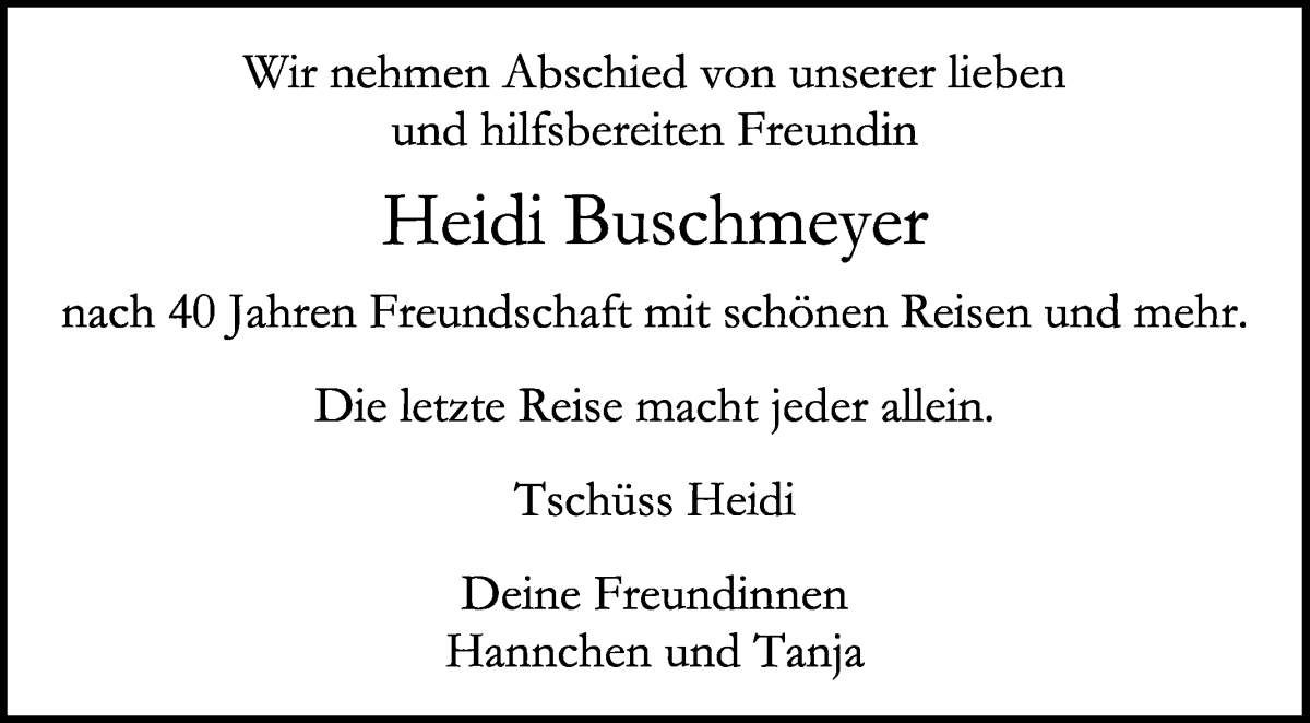 Traueranzeige von Adelheid „Heidi“ Buschmeyer von WESER-KURIER