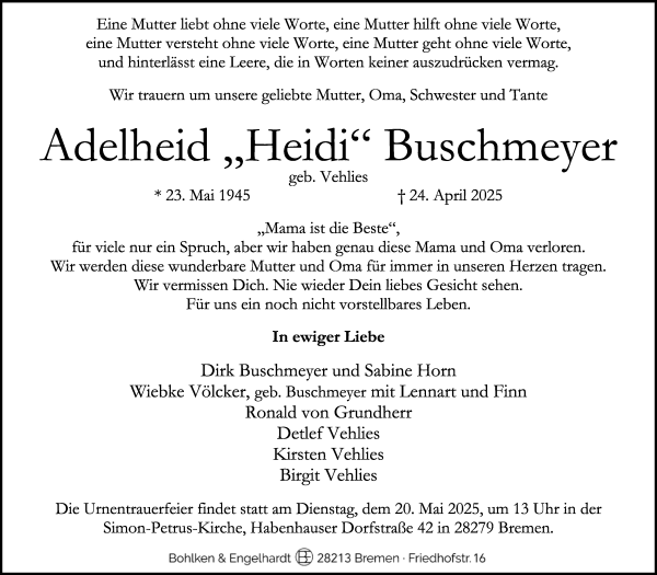 Traueranzeige von Adelheid „Heidi“ Buschmeyer von WESER-KURIER