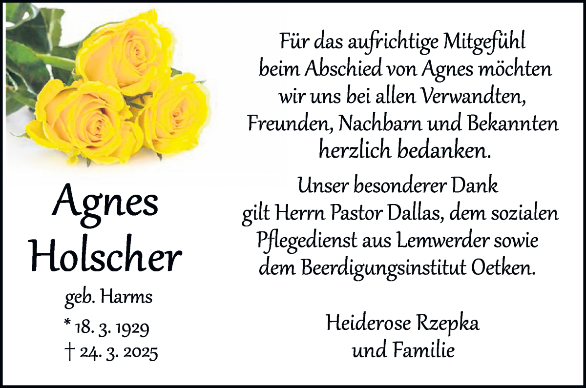 Traueranzeige von Agnes Holscher von Die Norddeutsche