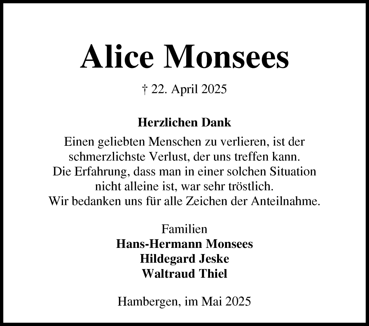 Traueranzeige von Alice Monsees von Osterholzer Kreisblatt