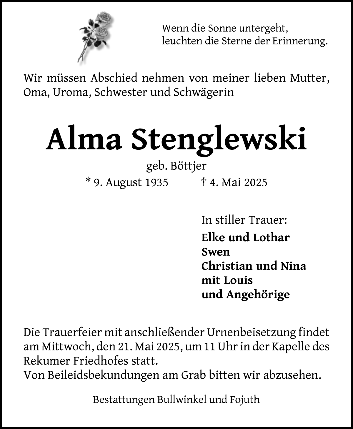 Traueranzeige von Alma Stenglewski von Die Norddeutsche