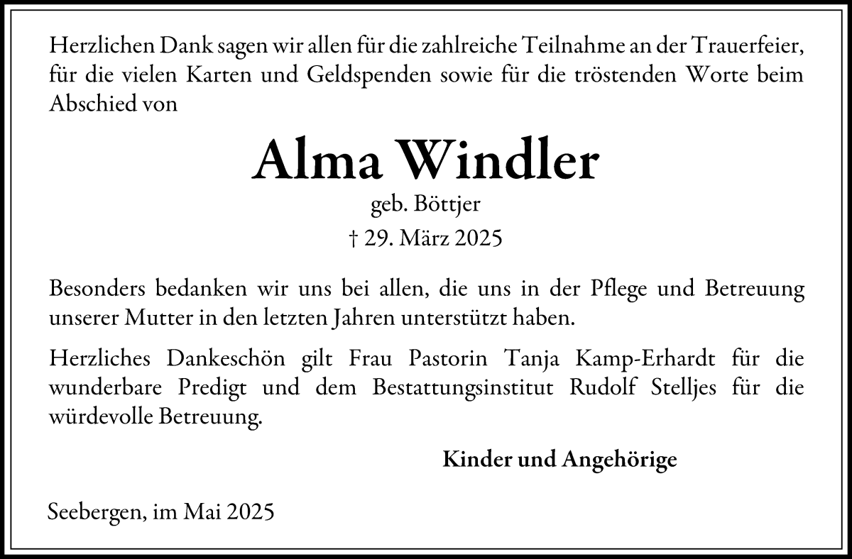 Traueranzeige von Alma Windler von Wuemme Zeitung