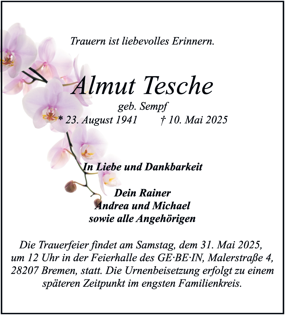 Traueranzeige von Almut Tesche von WESER-KURIER