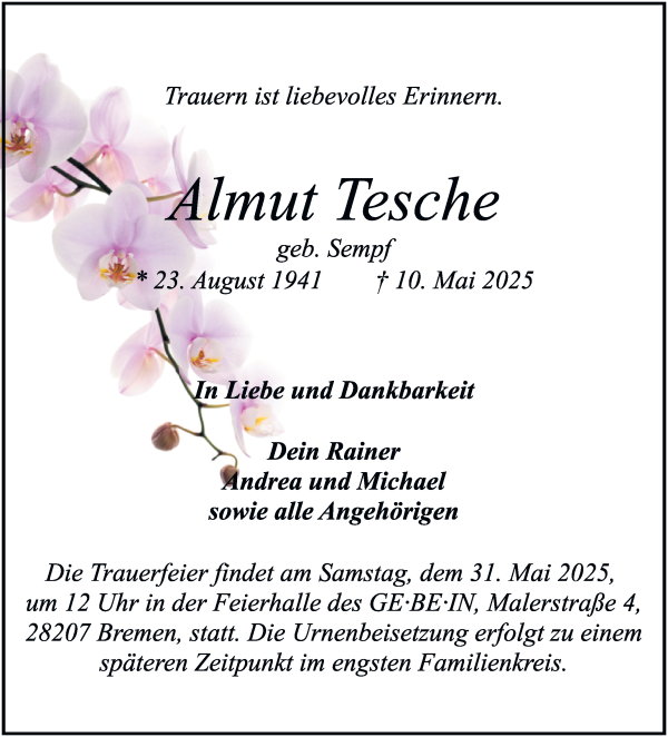 Traueranzeige von Almut Tesche von WESER-KURIER