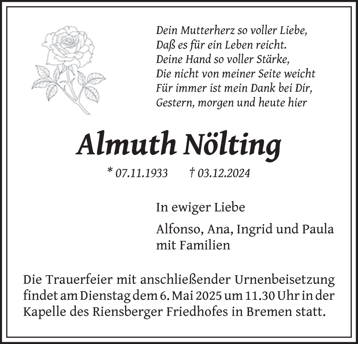 Traueranzeige von Almuth Nölting von WESER-KURIER