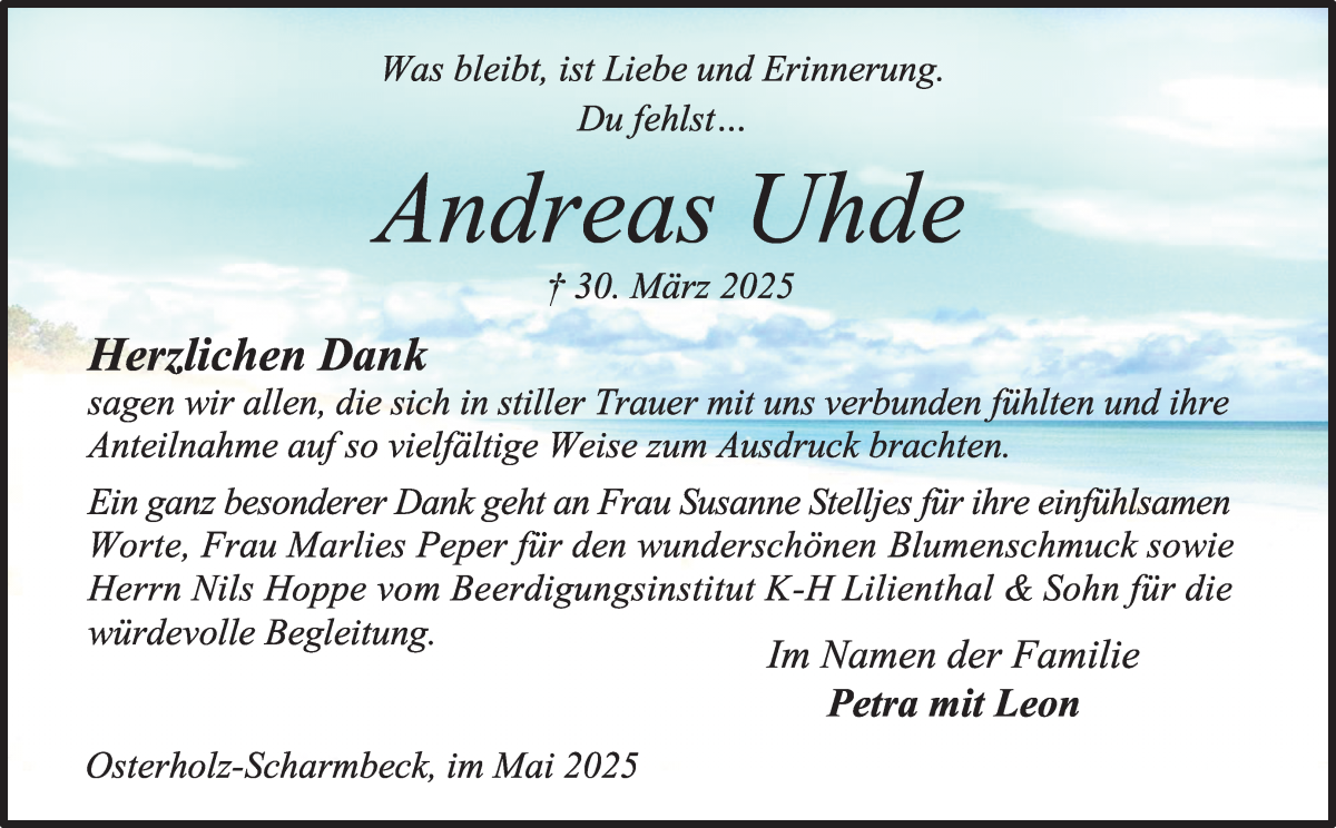 Traueranzeige von Andreas Uhde von Osterholzer Kreisblatt