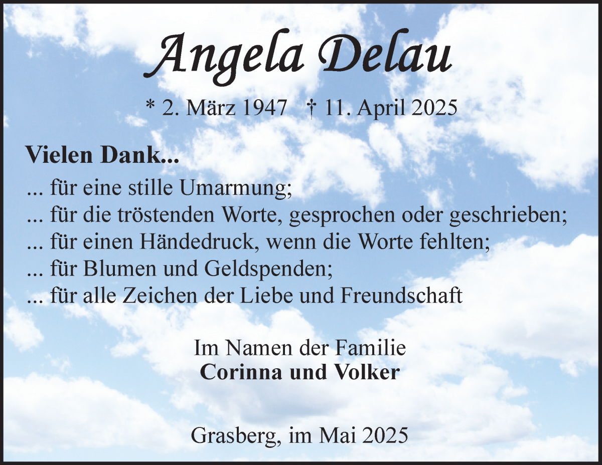 Traueranzeige von Angela Delau von Wuemme Zeitung