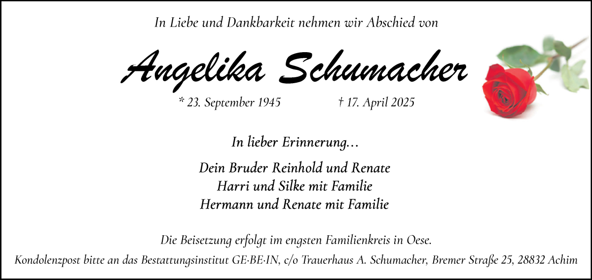 Traueranzeige von Angelika Schumacher von WESER-KURIER