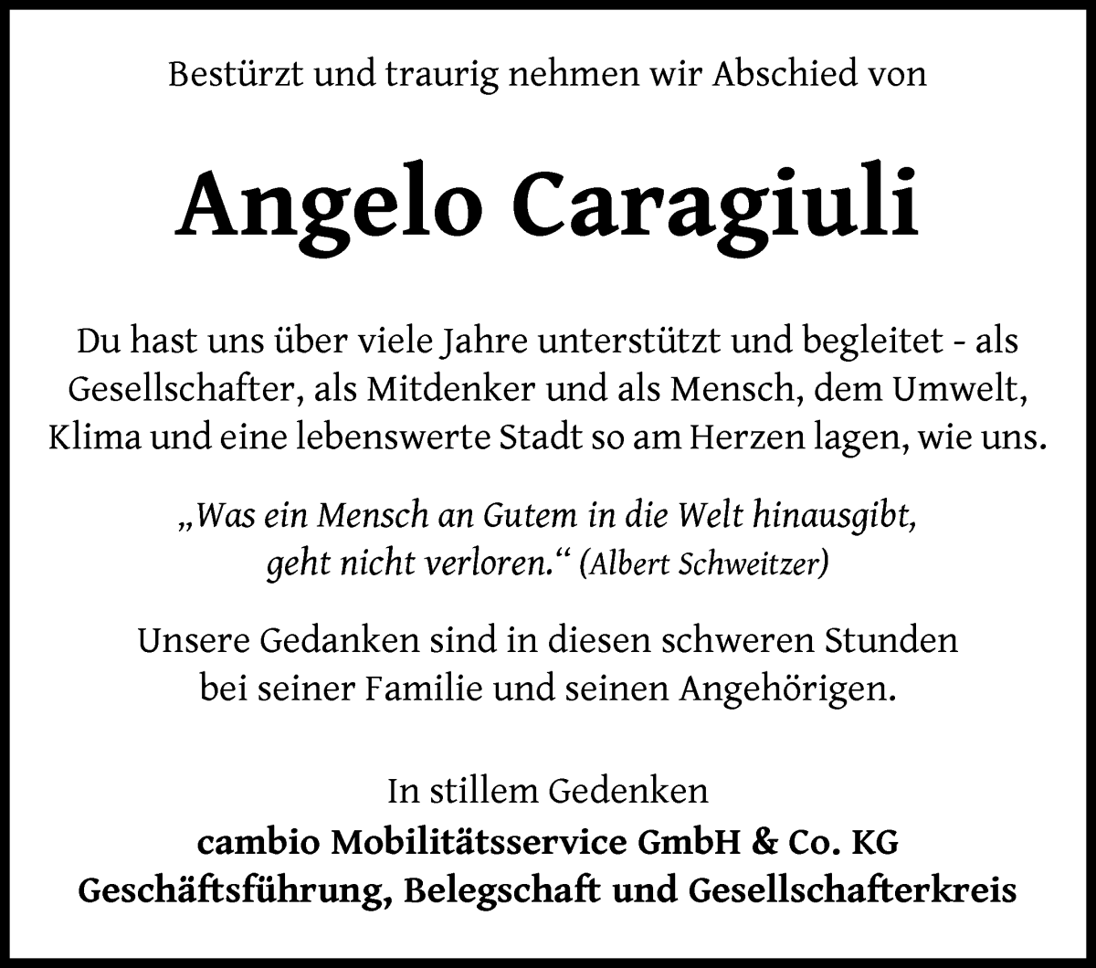 Traueranzeige von Angelo Caragiuli von WESER-KURIER