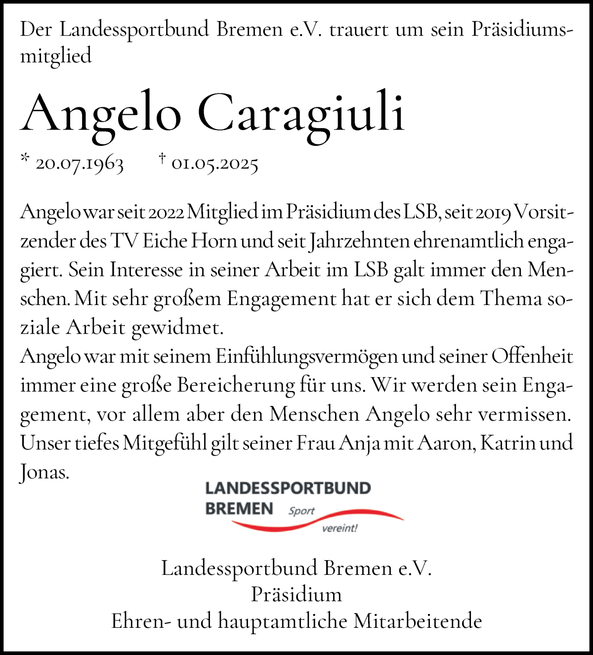 Traueranzeige von Angelo Caragiuli von WESER-KURIER