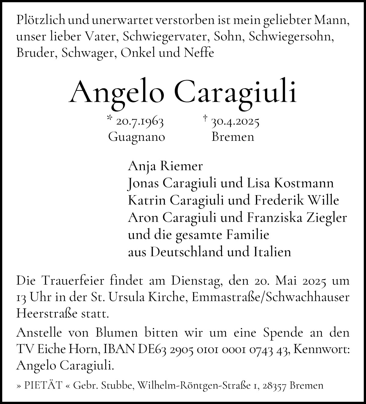 Traueranzeige von Angelo Caragiuli von WESER-KURIER