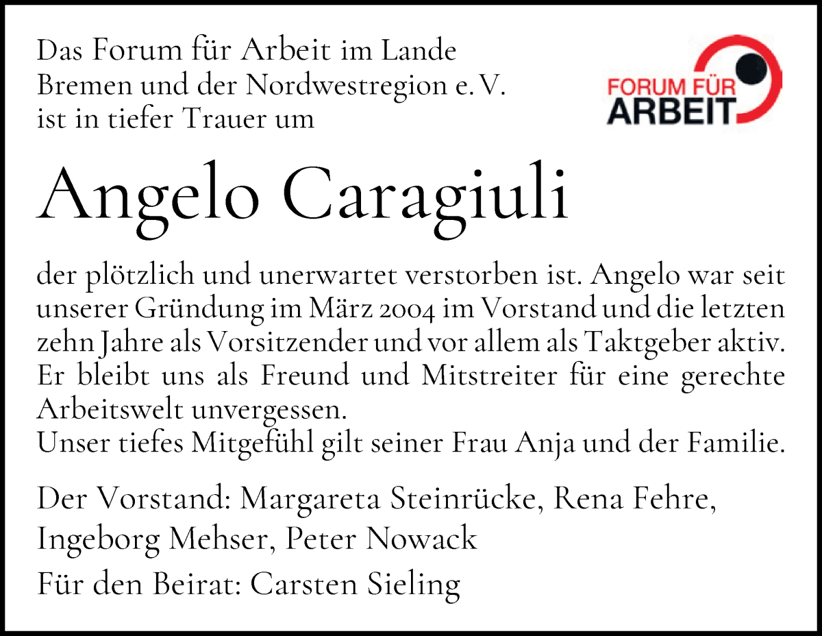Traueranzeige von Angelo Caragiuli von WESER-KURIER