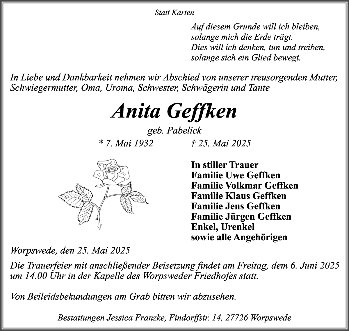 Traueranzeige von Anita Geffken von WESER-KURIER
