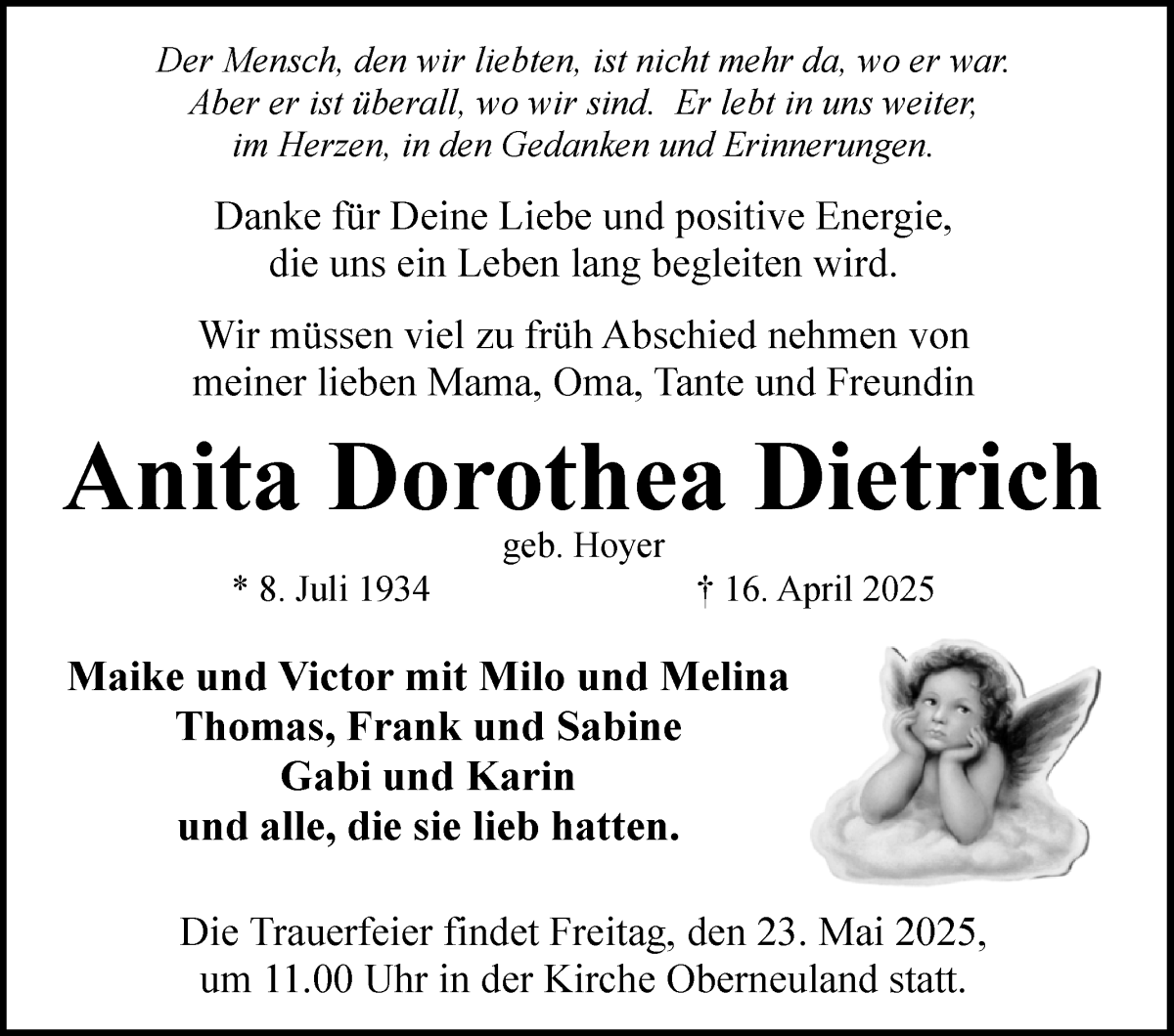 Traueranzeige von Anita Dorothea Dietrich von WESER-KURIER