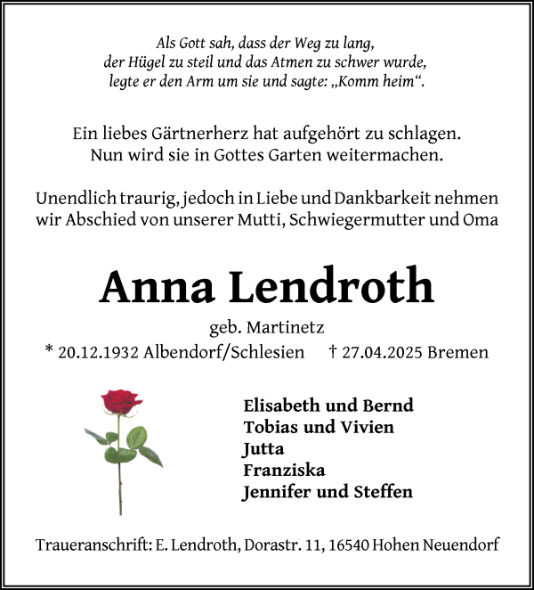 Traueranzeige von Anna Lendroth von Die Norddeutsche
