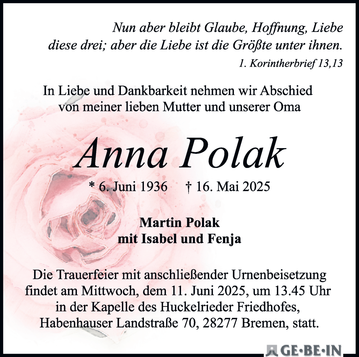 Traueranzeige von Anna Polak von WESER-KURIER